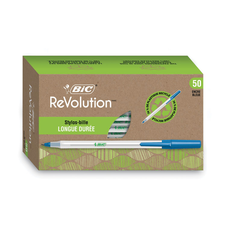 BIC Ecolutions Round Stic Ballpoint Pen Value Pack, Stick, Medium 1 mm, Blue Ink, Clear Barrel, 50/Pack (BICGSME509BE)