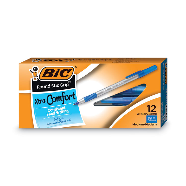 BIC Round Stic Grip Xtra Comfort Ballpoint Pen, Easy-Glide System, Stick, Medium 1.2 mm, Blue Ink, Gray/Blue Barrel, Dozen (BICGSMG11BE)