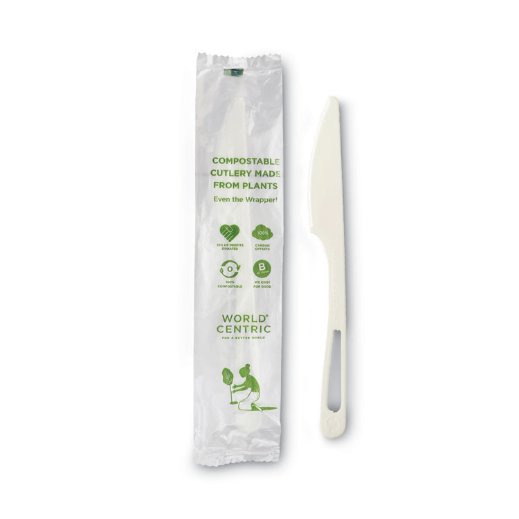 World Centric TPLA Compostable Cutlery, Knife, Plastic, White, 750/Carton (WORKNPSI)