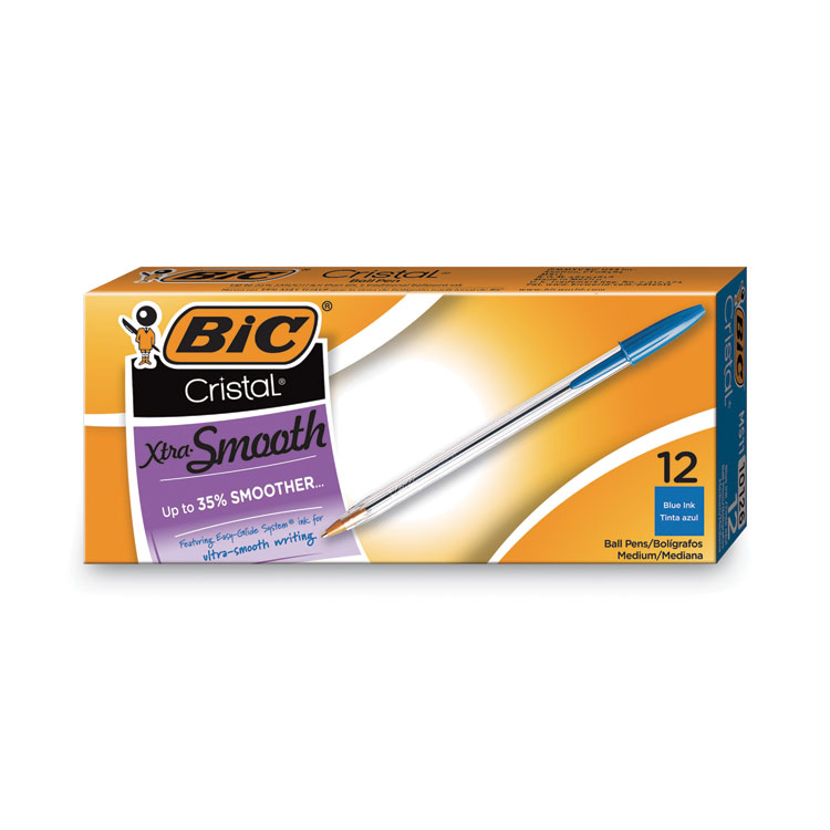 BIC Cristal Xtra Smooth Ballpoint Pen, Stick, Medium 1 mm, Blue Ink, Clear Barrel, Dozen (BICMS11BE)