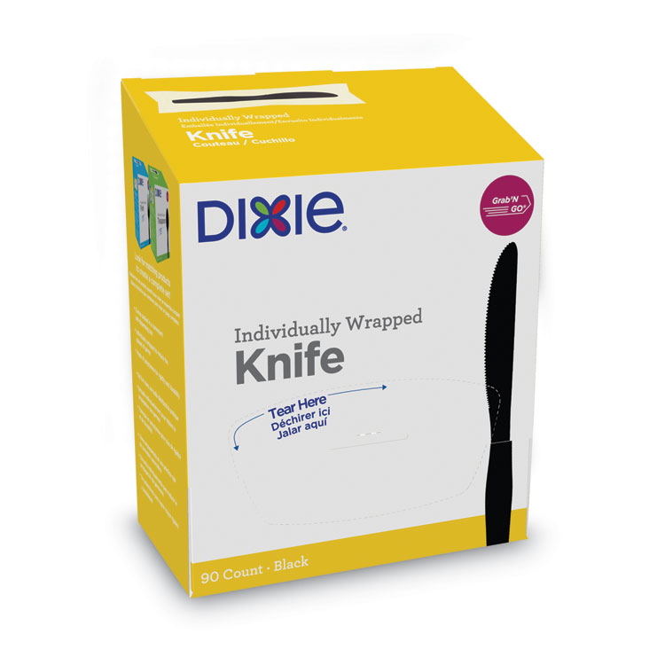 Dixie Grab'N Go Wrapped Cutlery, Knife, Plastic, Black, 90/Box, 6 Boxes/Carton (DXEKM5W540)