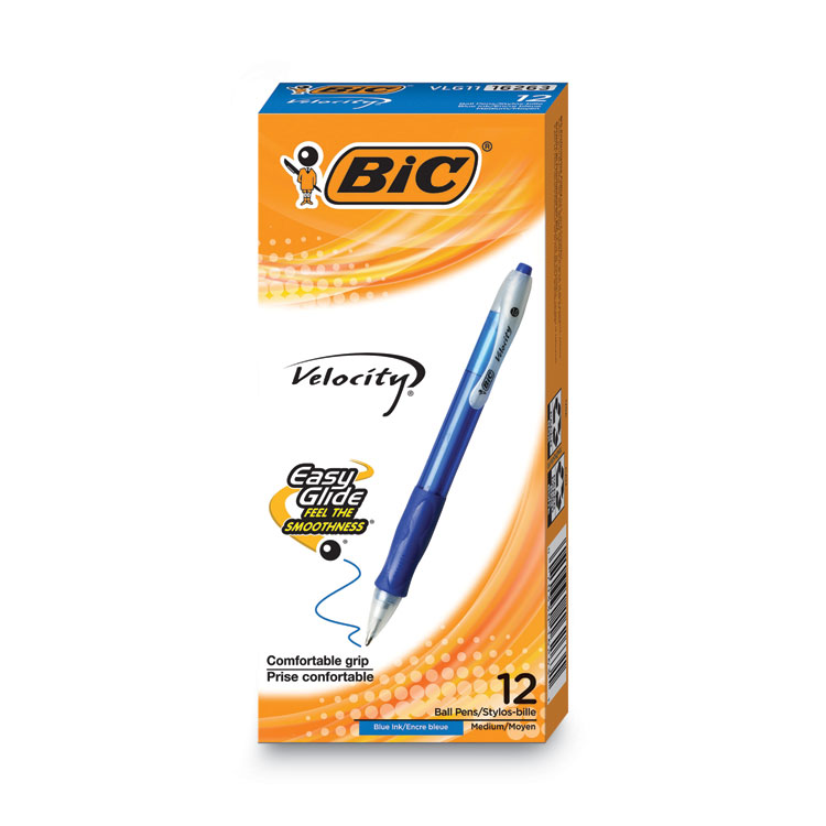 BIC Velocity Easy Glide Ballpoint Pen, Retractable, Medium 1 mm, Blue Ink, Translucent Blue Barrel, Dozen (BICVLG11BE)