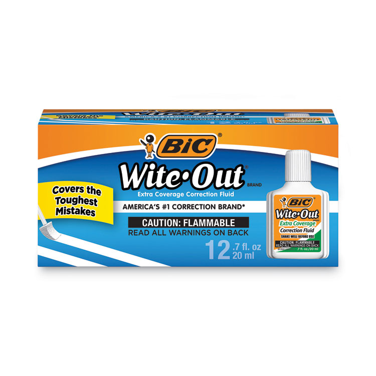 BIC Wite-Out Extra Coverage Correction Fluid, 20 mL Bottle, White, Dozen (BICWOFEC12WE)