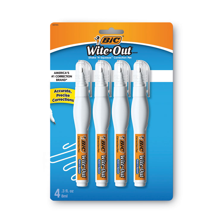 BIC Wite-Out Shake 'n Squeeze Correction Pen, 8 mL, White, 4/Pack (BICWOSQPP418)