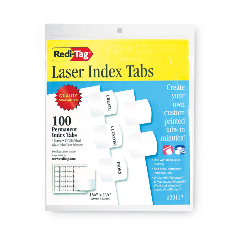 Redi-Tag Laser Printable Index Tabs, 1/5-Cut, White, 1.13" Wide, 100/Pack (RTG33117)
