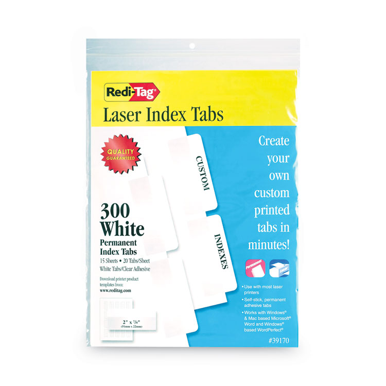 Redi-Tag Laser Printable Index Tabs, 1/5-Cut, White, 2" Wide, 300/Pack (RTG39170)