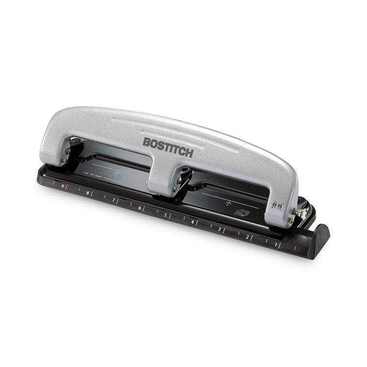 Bostitch 12-Sheet EZ Squeeze Three-Hole Punch, 9/32" Holes, Black/Silver (ACI2101)
