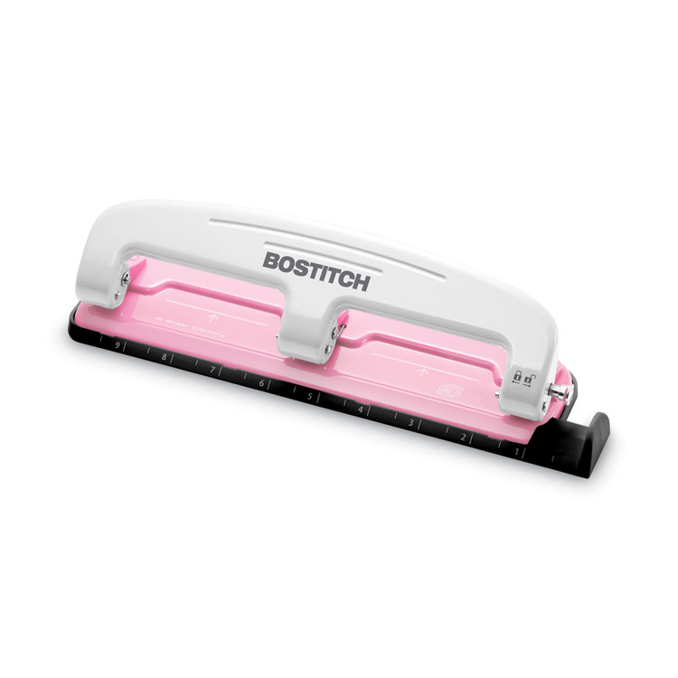 Bostitch 12-Sheet EZ Squeeze InCourage Three-Hole Punch, Breast Cancer Awareness, 9/32" Holes, Pink (ACI2188)