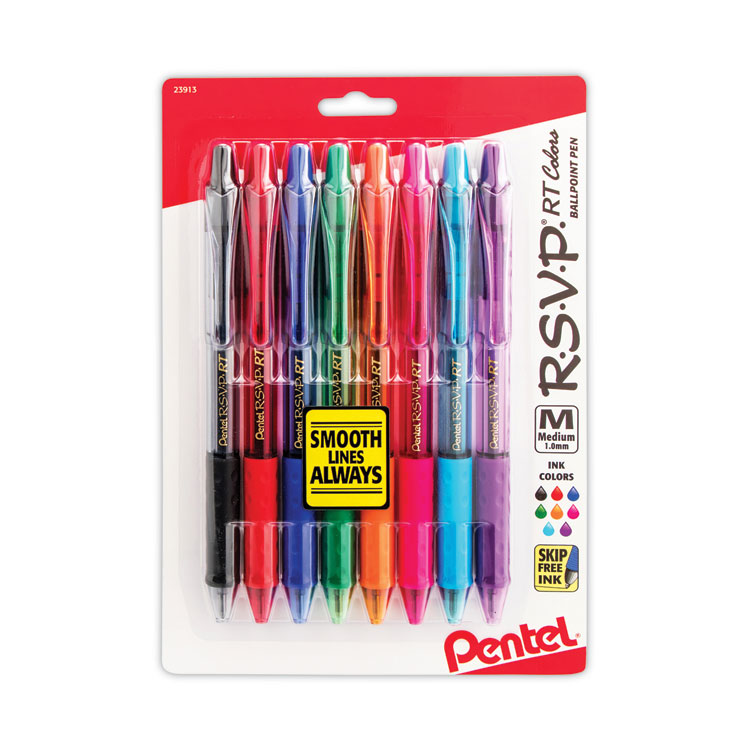Pentel R.S.V.P. RT Ballpoint Pen, Retractable, Medium 1 mm, Assorted Ink Colors, Clear Barrel, 8/Pack (PENBK93CRBP8M)