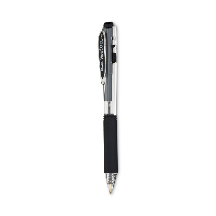 Pentel WOW! Gel Pen, Retractable, Medium 0.7 mm, Black Ink, Clear/Black Barrel, Dozen (PENK437A)