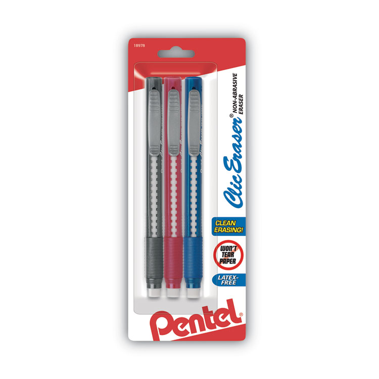 Pentel Clic Eraser Grip Eraser, For Pencil Marks, White Eraser, Randomly Assorted Barrel Color, 3/Pack (PENZE21BP3K6)