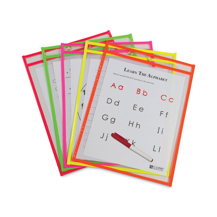 C-Line Reusable Dry Erase Pockets, Super Heavy-Duty, Top Load 9 x 12 Insert, Clear Front, Assorted Neon Border, 10/Pack (CLI40810)