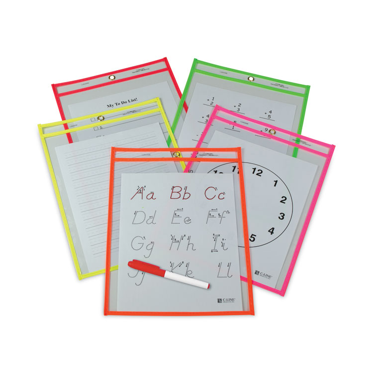 CLI40820 - C-Line Reusable Dry Erase Pockets, Super Heavy-Duty, Top Load 9 x 12 Insert, Clear Front, Assorted Neon Border, 25/Box (CLI40820)