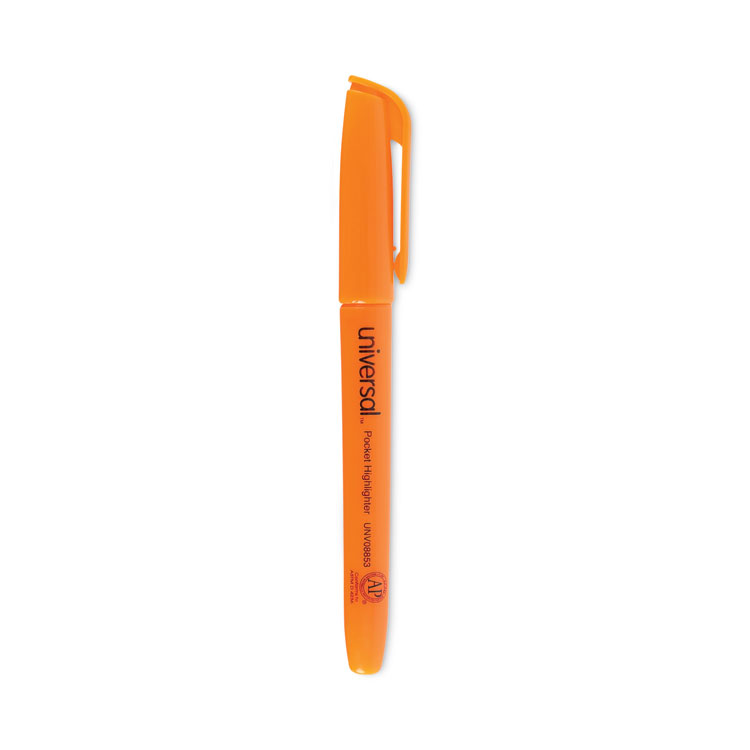 Universal Pocket Highlighters, Fluorescent Orange Ink, Chisel Tip, Orange Barrel, Dozen (UNV08853)