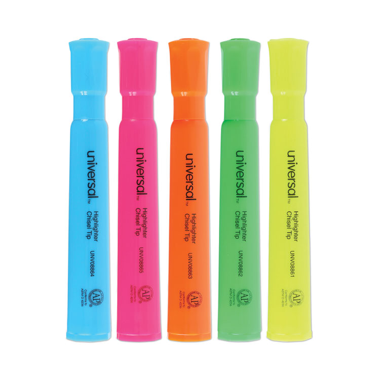 Universal Desk Highlighters, Assorted Ink Colors, Chisel Tip, Assorted Barrel Colors, 5/Set (UNV08860)