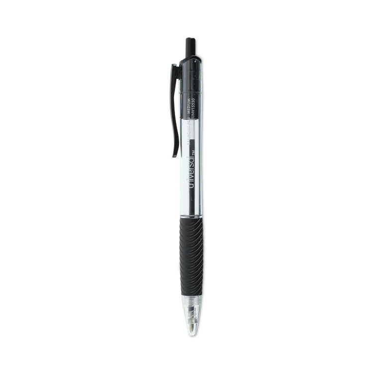 Universal Comfort Grip Ballpoint Pen, Retractable, Medium 1 mm, Black Ink, Clear/Black Barrel, Dozen (UNV15530)