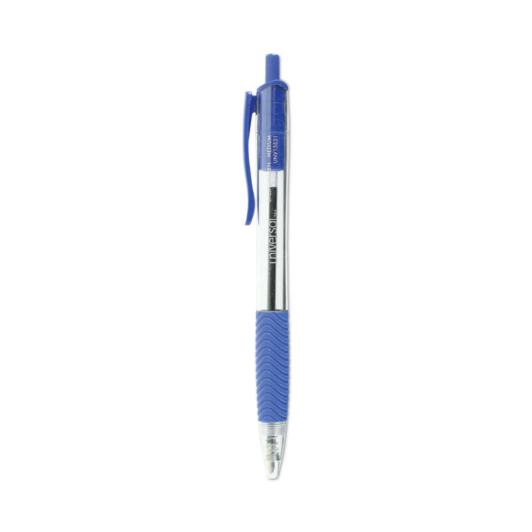 Universal Comfort Grip Ballpoint Pen, Retractable, Medium 1 mm, Blue Ink, Clear/Blue Barrel, Dozen (UNV15531)