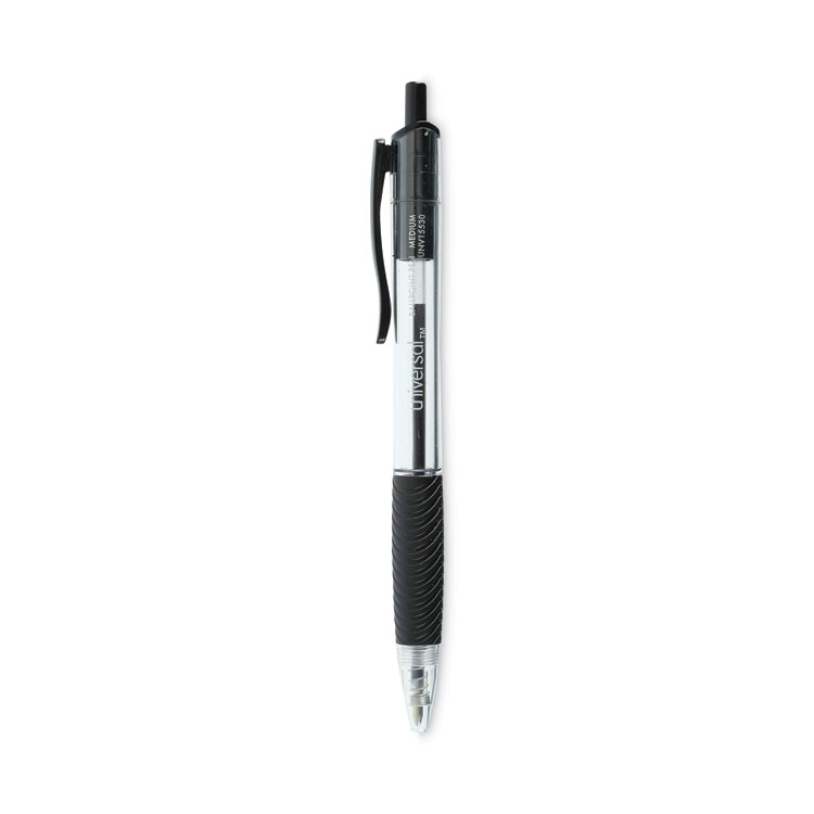 Universal Comfort Grip Ballpoint Pen, Retractable, Medium 1 mm, Black Ink, Clear/Black Barrel, 48/Pack (UNV15533)