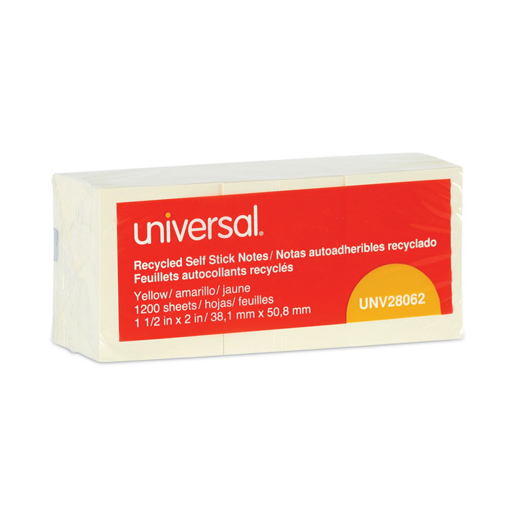 Universal Recycled Self-Stick Note Pads, 1.5" x 2", Yellow, 100 Sheets/Pad, 12 Pads/Pack (UNV28062)