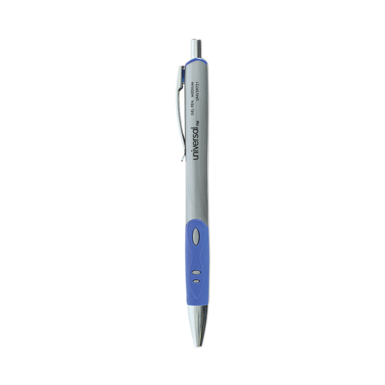 Universal Comfort Grip Gel Pen, Retractable, Medium 0.7 mm, Blue Ink, Gray/Blue/Silver Barrel, Dozen (UNV39721)