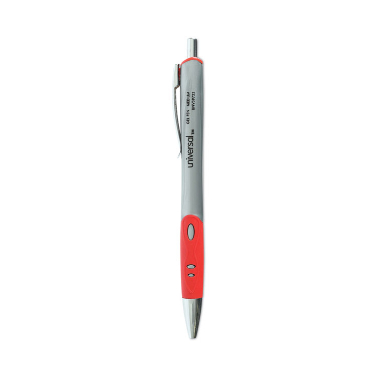 Universal Comfort Grip Gel Pen, Retractable, Medium 0.7 mm, Red Ink, Gray/Red/Silver Barrel, Dozen (UNV39722)