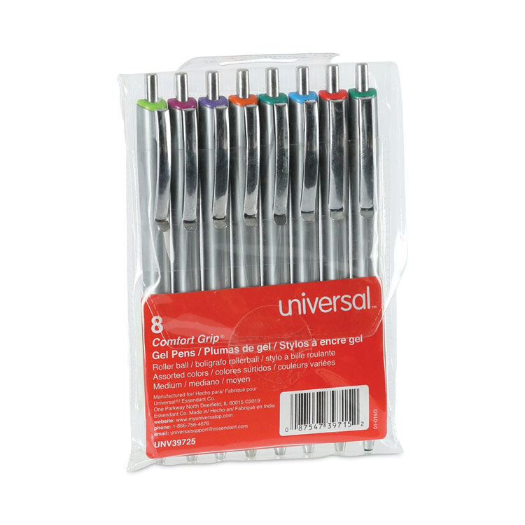 Universal Comfort Grip Gel Pen, Retractable, Medium 0.7 mm, Assorted Ink and Barrel Colors, 8/Pack (UNV39725)