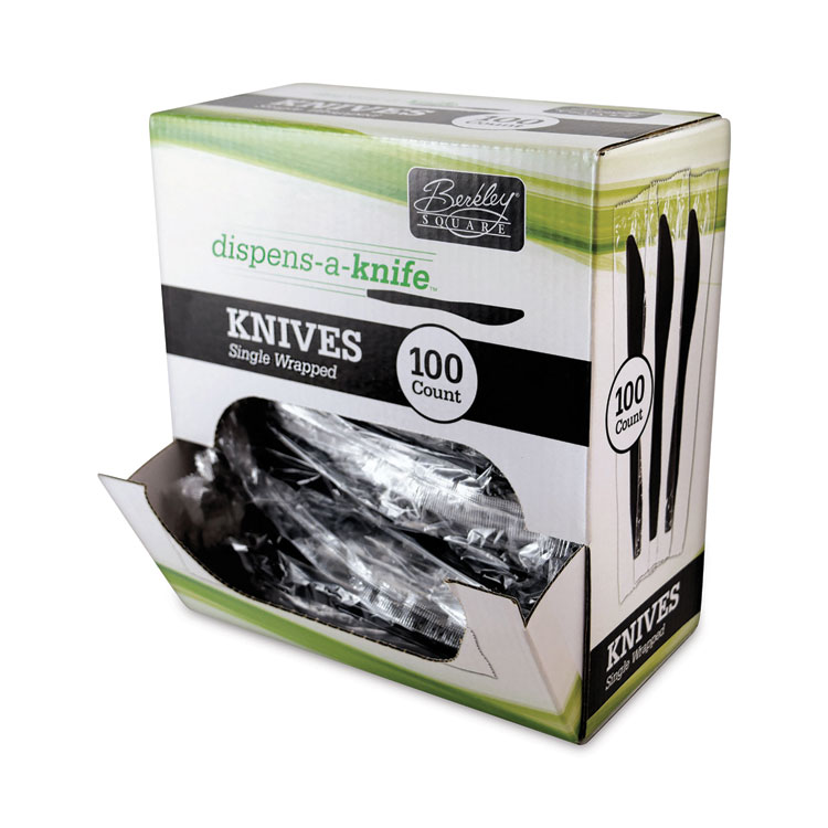 Berkley Square Dispens-a-Knife, Individually Wrapped, Mediumweight Knife, Plastic, Black, 100/Box (BSQBEP90200)