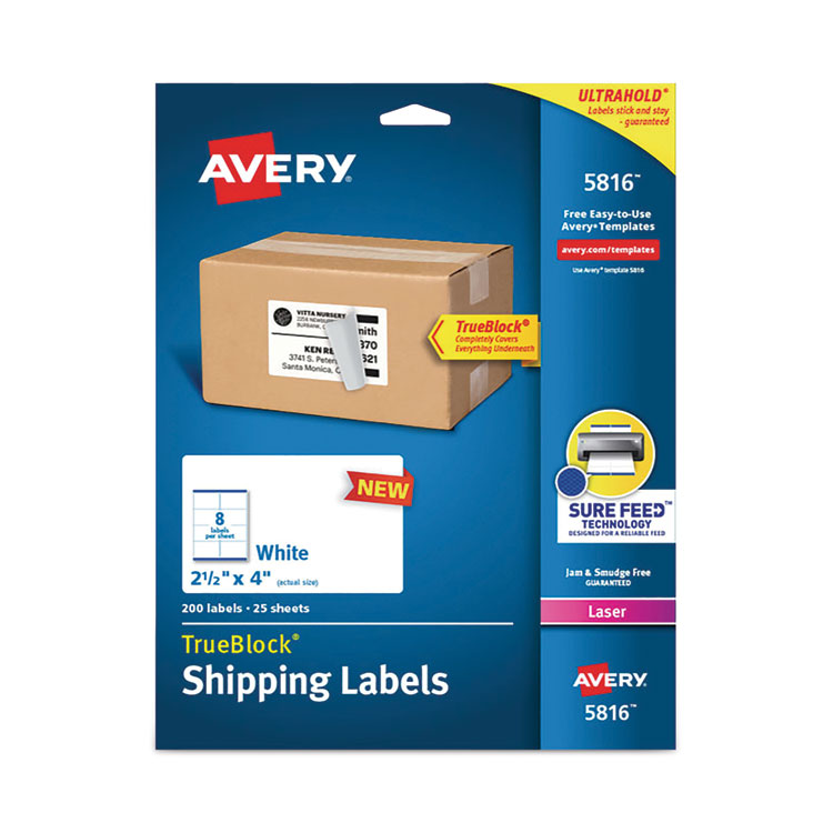Avery Shipping Labels with TrueBlock Technology, Laser Printers, 2.5 x 4, White, 8/Sheet, 25 Sheets/Pack (AVE5816)
