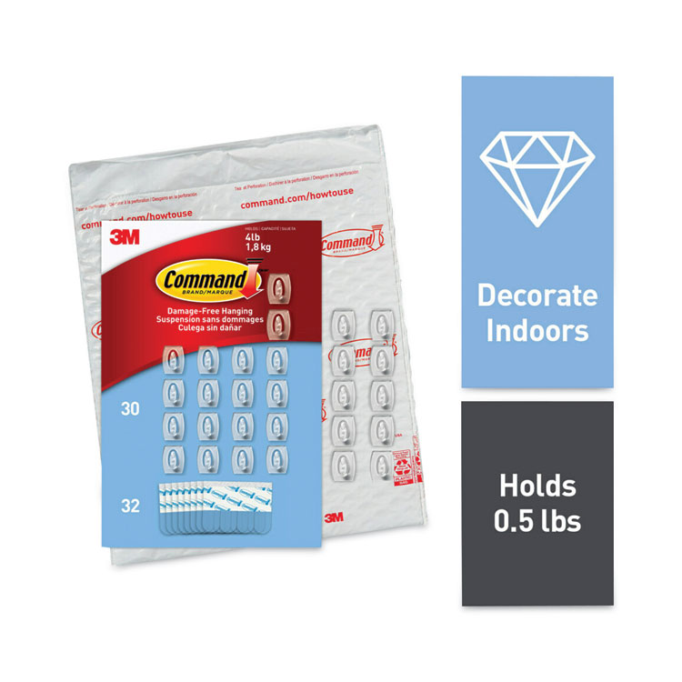 Command Mini Hooks, Small, Plastic, Clear, 0.5 lb Capacity, 30 Hooks and 32 Strips/Pack (MMM17006CLR30NA)