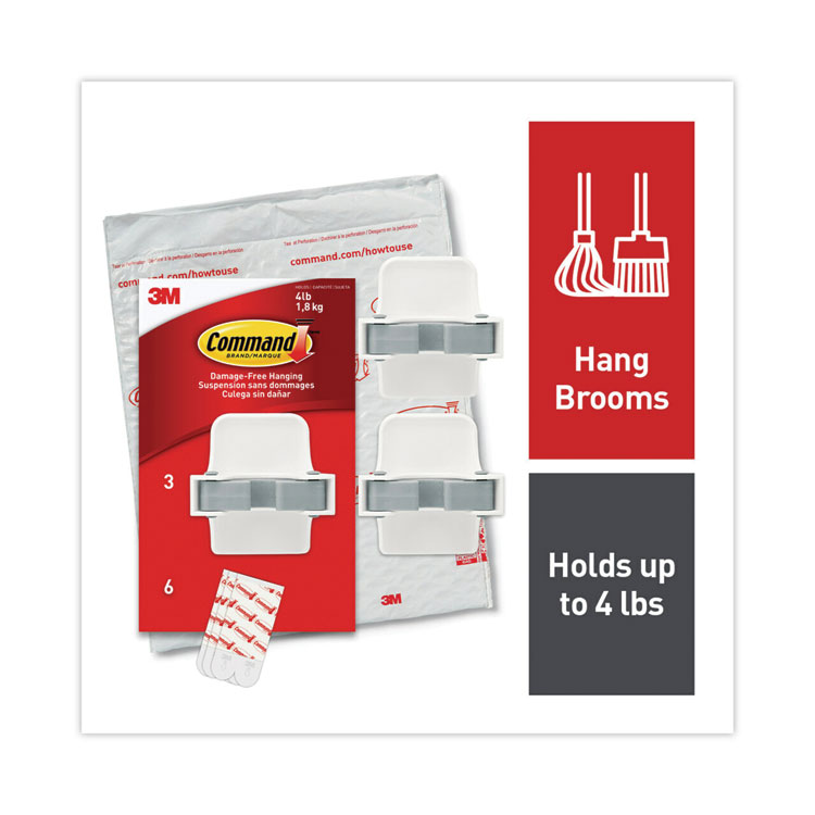 Command Broom Gripper, 3.12w x 1.85d x 3.34h, White/Gray, 3 Grippers/6 Strips (MMM170073NA)