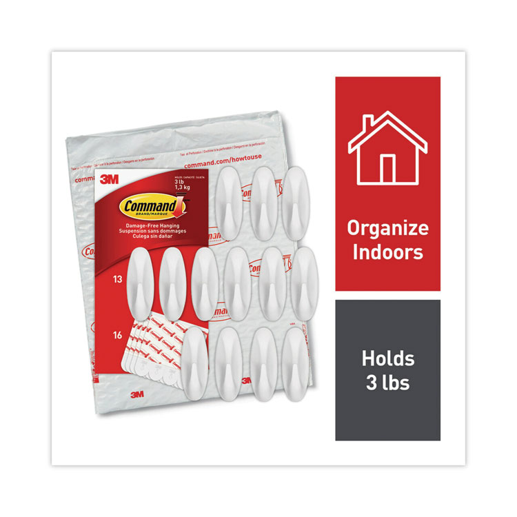 Command Designer Hooks, Medium, Plastic, White, 3 lb Capacity, 13 Hooks and 16 Strips/Pack (MMM1708113NA)