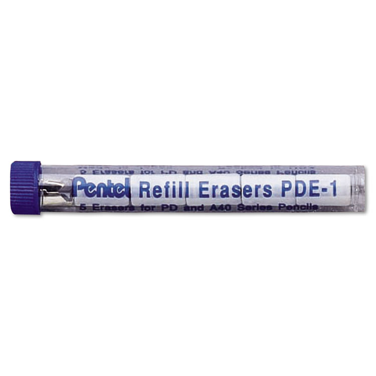 Pentel Eraser Refills for Pentel Champ, e-sharp, Jolt, Icy and Quicker Clicker Pencils, Cylindrical Rod, White, 5/Tube (PENPDE1)