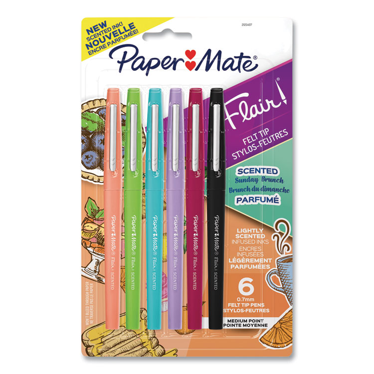Paper Mate Flair Scented Felt Tip Porous Point Pen, Stick, Medium 0.7 mm, Sunday Brunch Scents, Assorted Ink and Barrel Colors, 6/Pack (PAP2125407)