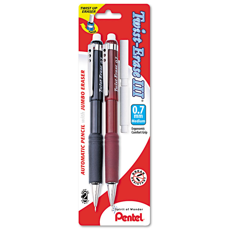 Pentel Twist-Erase III Mechanical Pencil, 0.7 mm, HB (#2), Black Lead, Assorted Barrel Colors, 2/Pack (PENQE517BP2K6)