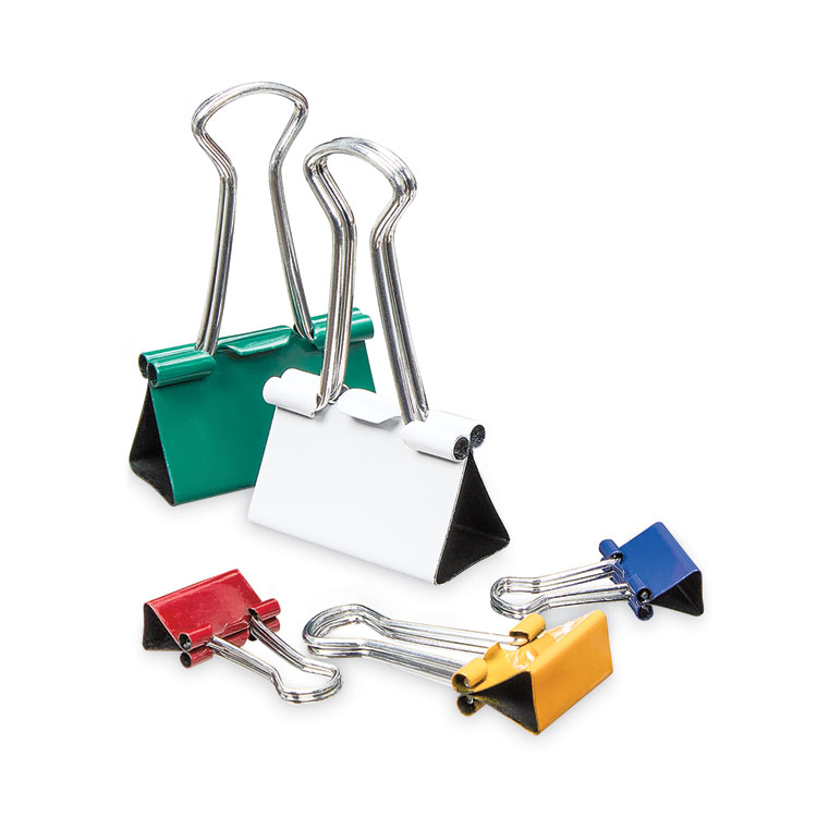 Universal Binder Clips with Storage Tub, (12) Mini (0.5"), (12) Small (0.75"), (6) Medium (1.25"), Assorted Colors (UNV31026)