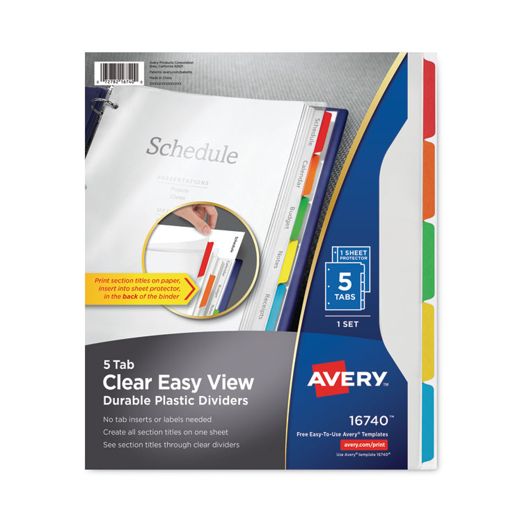 Avery Clear Easy View Plastic Dividers with Multicolored Tabs and Sheet Protector, 5-Tab, 11 x 8.5, Clear, 1 Set (AVE16740)