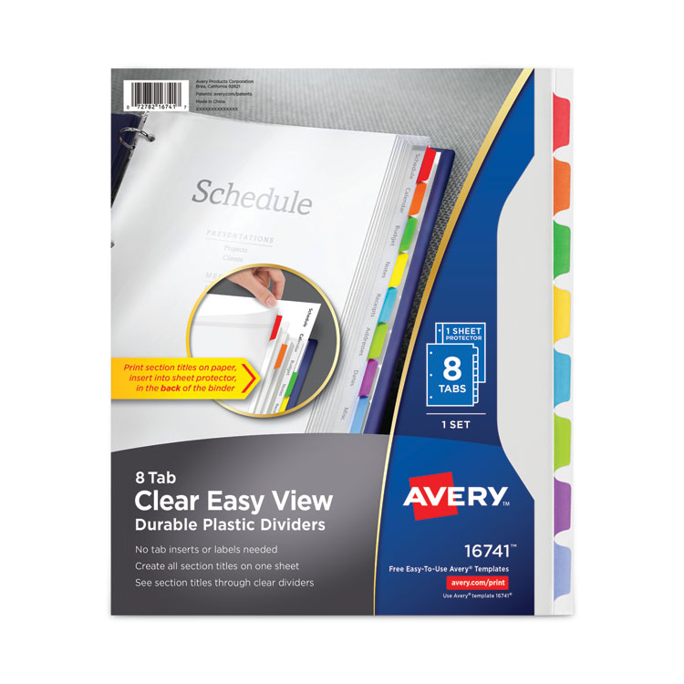 Avery Clear Easy View Plastic Dividers with Multicolored Tabs and Sheet Protector, 8-Tab, 11 x 8.5, Clear, 1 Set (AVE16741)
