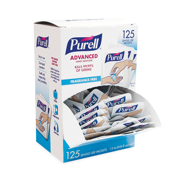 PURELL Advanced Hand Sanitizer Single Use, Gel , 1.2 mL, Packet, Fragrance-Free, 125/Box, 12 Box/Carton (GOJ9630125NSCT)