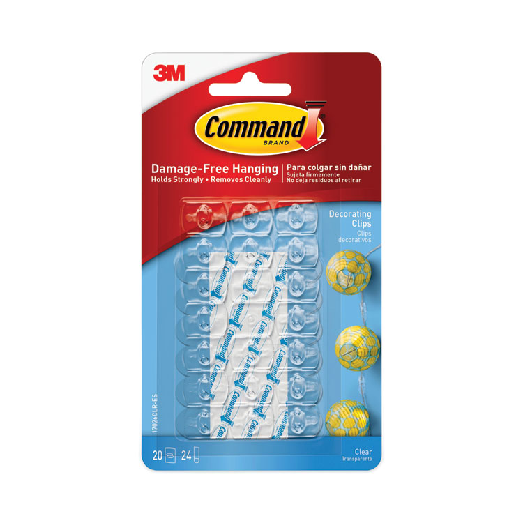 Command Clear Hooks and Strips, Decorating Clips, Plastic, 0.1 lb Capacity, 20 Clips and 24 Strips/Pack (MMM17026CLRES)