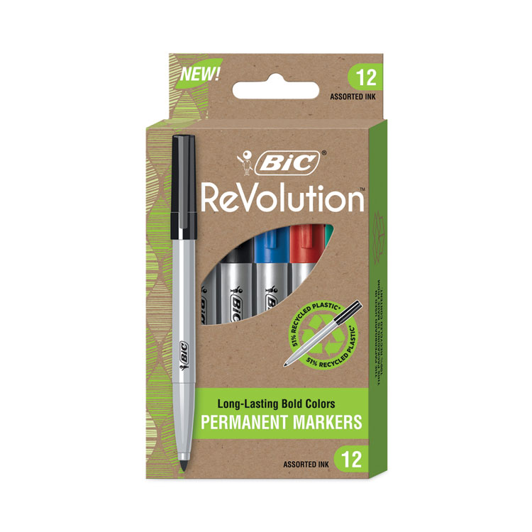 BIC ReVolution Permanent Markers, Fine Bullet Tip, Assorted Colors, Dozen (BICPMER12AST)