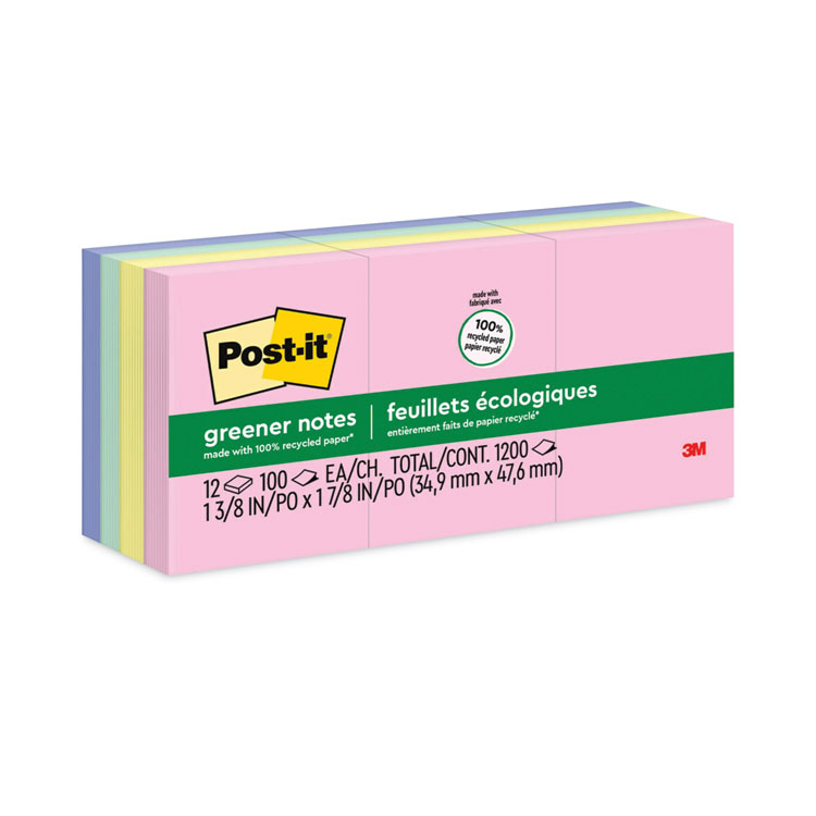 Post-it Greener Notes Original Recycled Note Pads, 1.38" x 1.88", Sweet Sprinkles Collection Colors, 100 Sheets/Pad, 12 Pads/Pack (MMM653RPA)