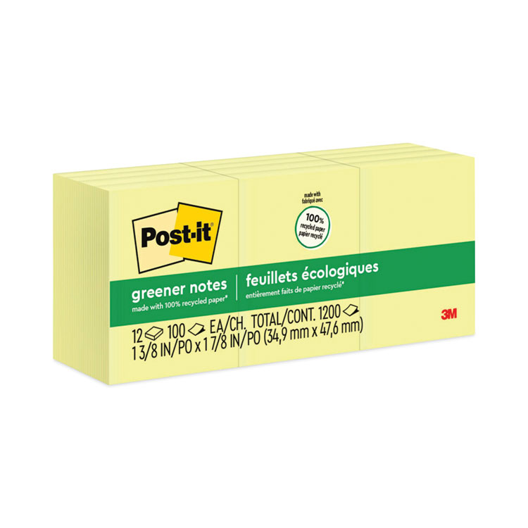 Post-it Greener Notes Original Recycled Note Pads, 1.5" x 2", Canary Yellow, 100 Sheets/Pad, 12 Pads/Pack (MMM653RPYW)