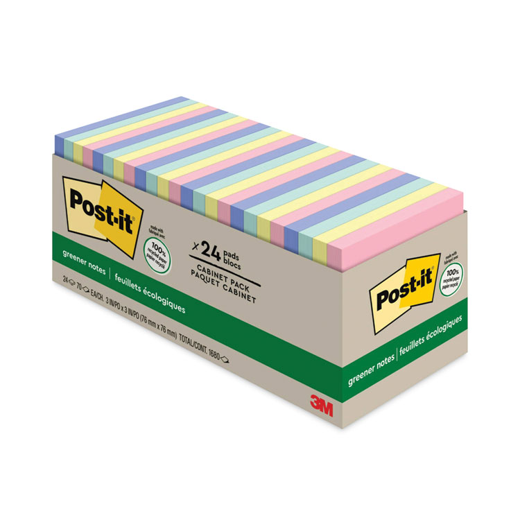 Post-it Greener Notes Original Recycled Note Pad Cabinet Pack, 3" x 3", Sweet Sprinkles Collection Colors, 75 Sheets/Pad, 24 Pads/Pack (MMM654R24CPAP)