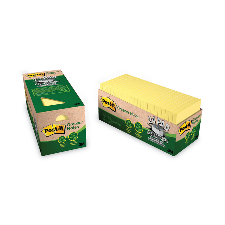 Post-it Greener Notes Original Recycled Note Pad Cabinet Pack, 3" x 3", Canary Yellow, 75 Sheets/Pad, 24 Pads/Pack (MMM654R24CPCY)