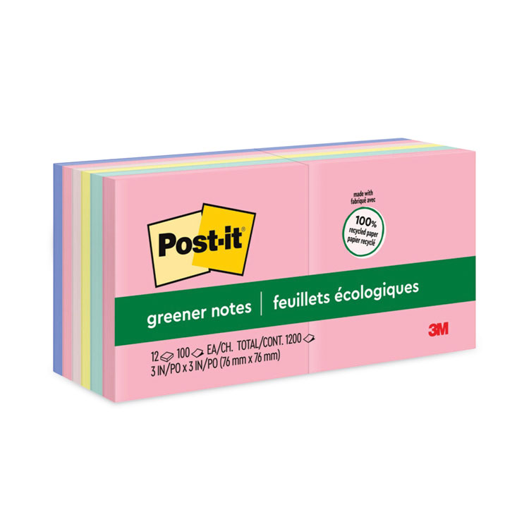 MMM654RPA - Post-it Greener Notes Original Recycled Note Pads, 3" x 3", Sweet Sprinkles Collection Colors, 100 Sheets/Pad, 12 Pads/Pack (MMM654RPA)