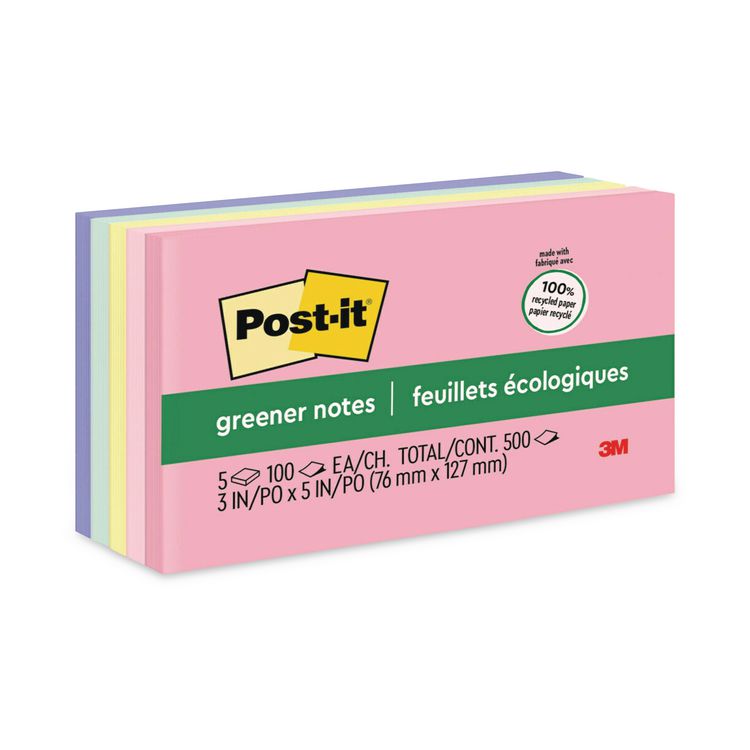 Post-it Greener Notes Original Recycled Note Pads, 3" x 5", Sweet Sprinkles Collection Colors, 100 Sheets/Pad, 5 Pads/Pack (MMM655RPA)