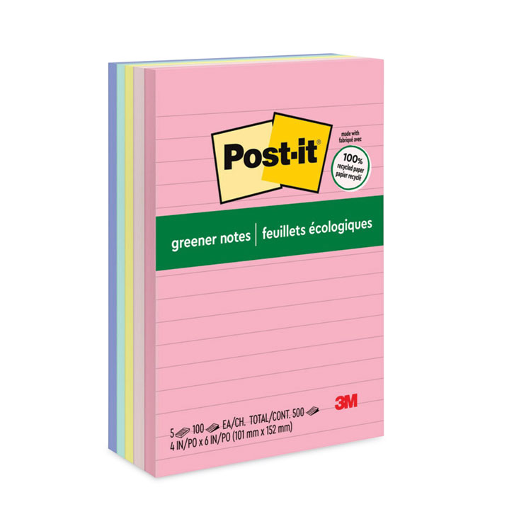 Post-it Greener Notes Original Recycled Note Pads, Note Ruled, 4" x 6", Sweet Sprinkles Collection Colors, 100 Sheets/Pad, 5 Pads/Pack (MMM660RPA)