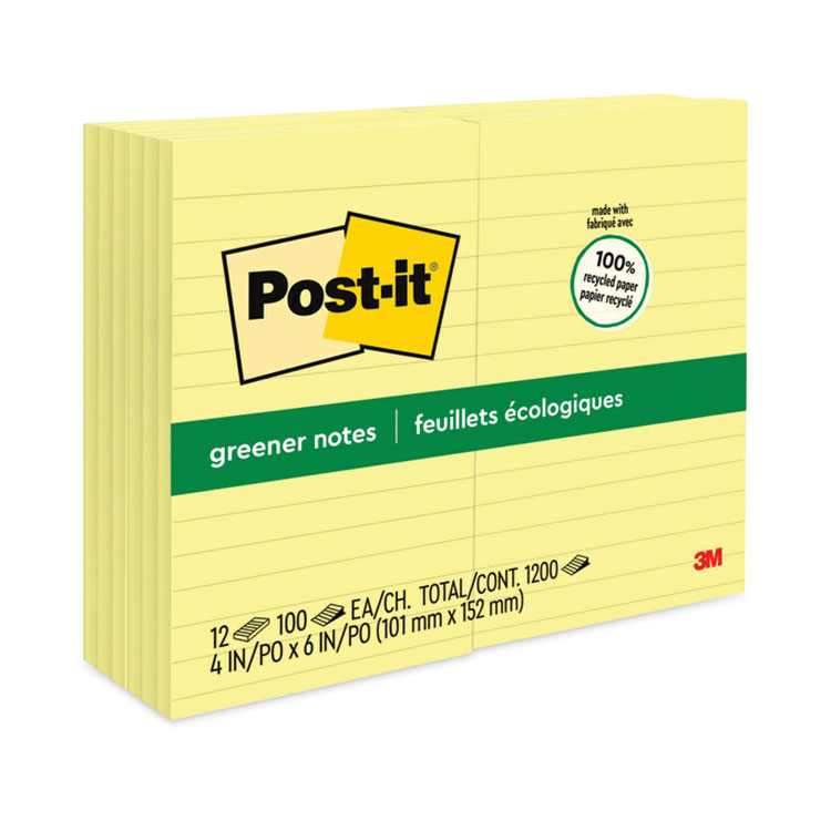 Post-it Greener Notes Original Recycled Note Pads, Note Ruled, 4" x 6", Canary Yellow, 100 Sheets/Pad, 12 Pads/Pack (MMM660RPYW)