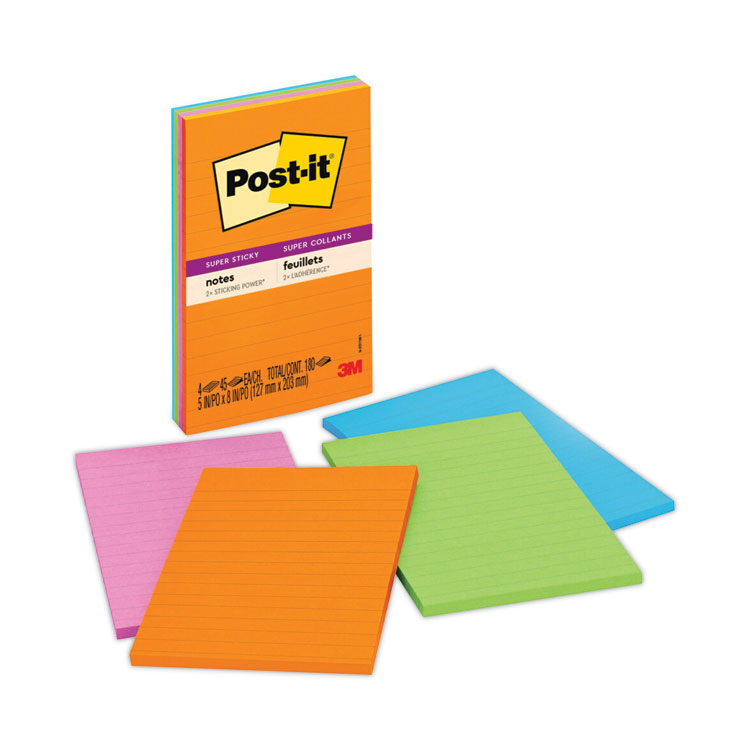 Post-it Notes Super Sticky Pads in Energy Boost Collection Colors, Note Ruled, 5" x 8", 45 Sheets/Pad, 4 Pads/Pack (MMM5845SSUC)