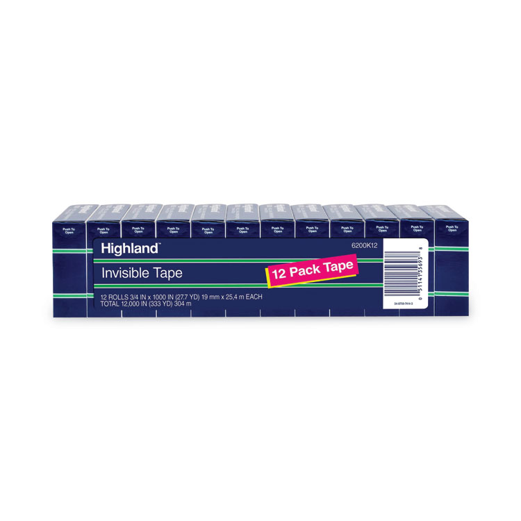 Highland Invisible Permanent Mending Tape, 1" Core, 0.75" x 83.33 ft, Clear, 12/Pack (MMM6200K12)